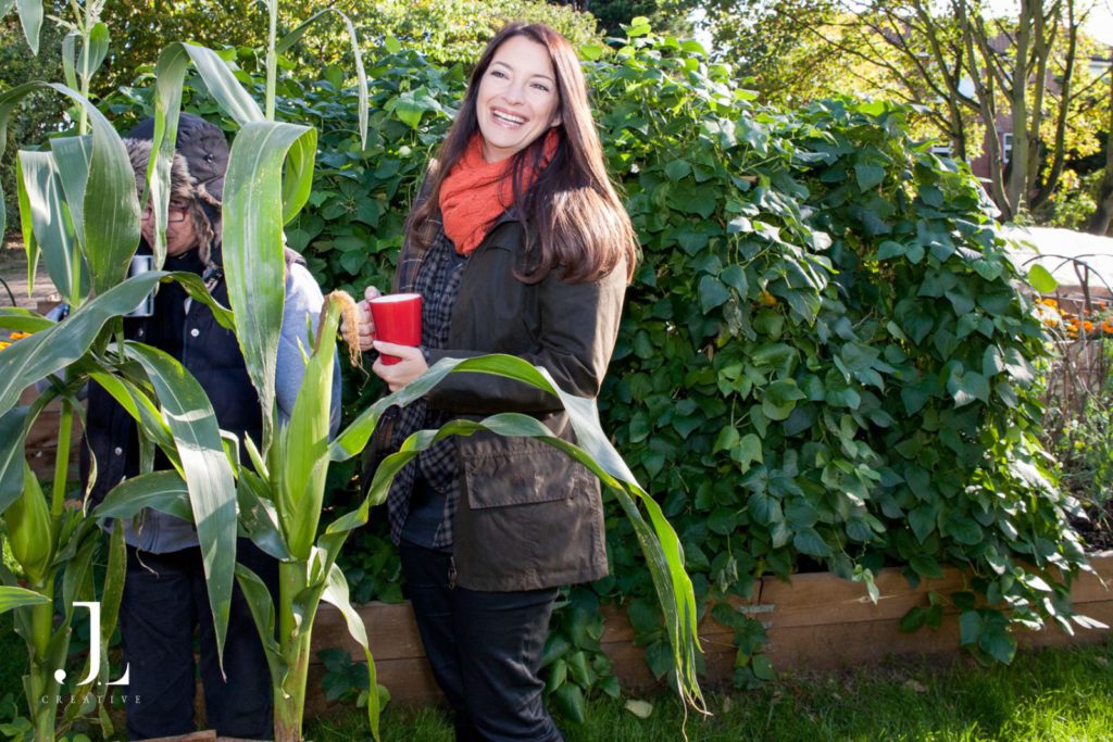 Rachel de Thame discussing the therapeutic power of nature during a Mind charity photoshoot.