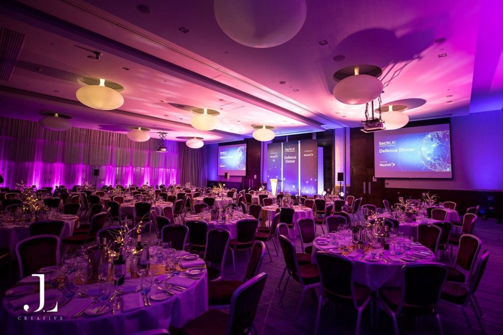 Branded stage and table styling for a TechUK corporate dinner in London