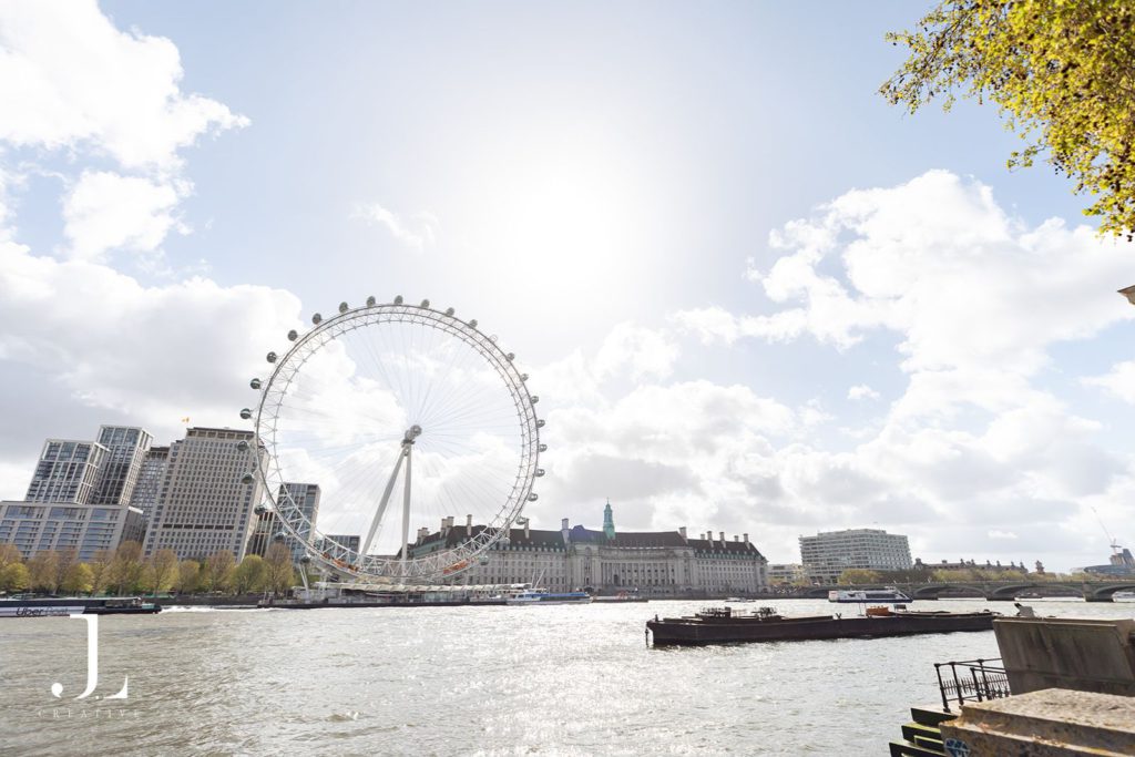 Wide scenic view of the London Eye and River Thames under a bright, cloudy sky