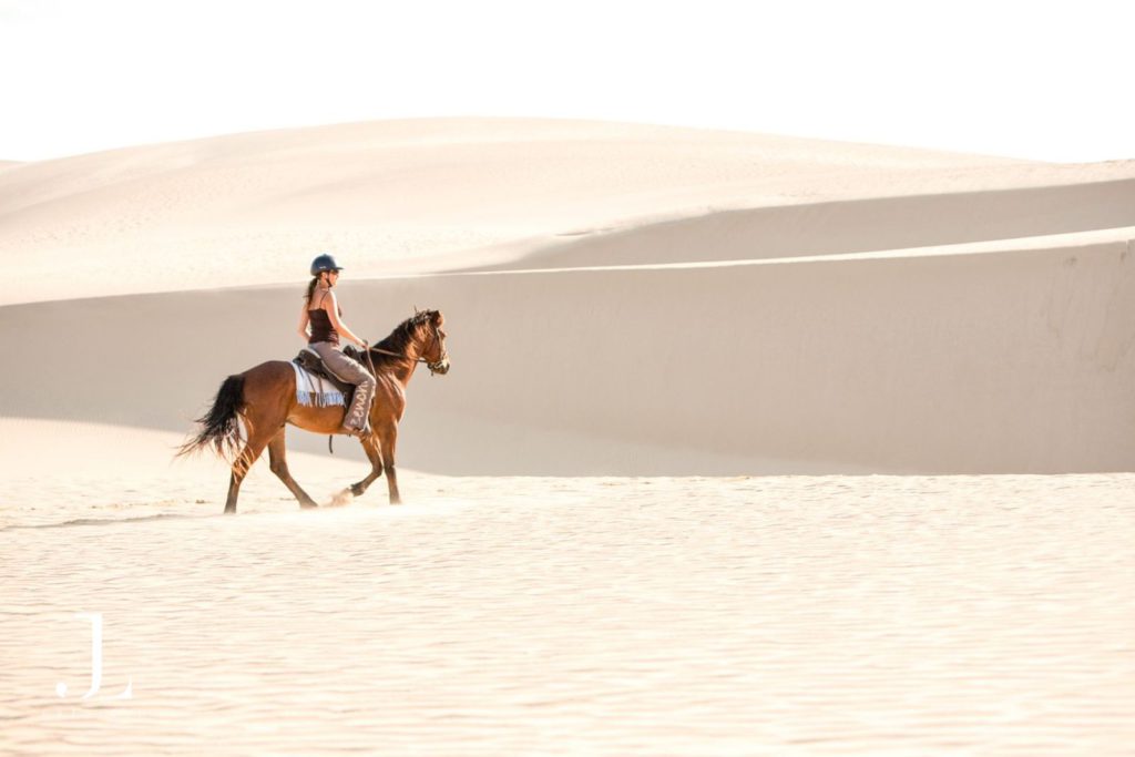 Experiential travel photography of a rider on horseback traversing vast sand dunes during an exclusive desert retreat.