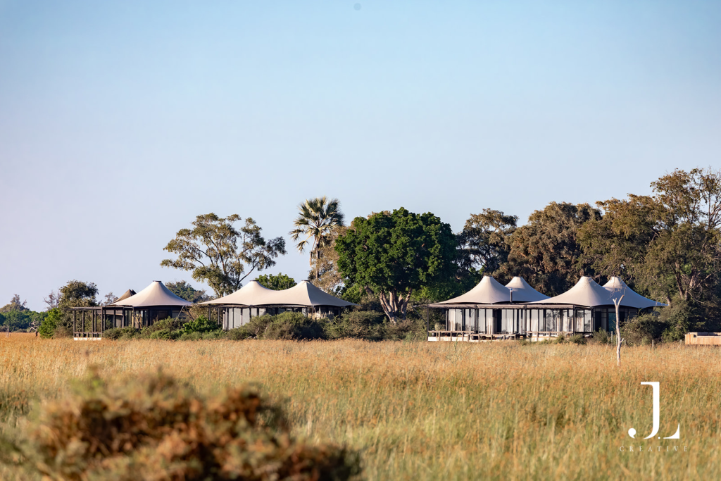 Contemporary luxury tented suites across savannah, featuring safari camp photography Botswana at Daunara.